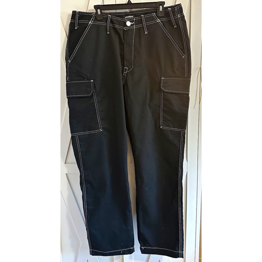 True Religion Men's Jet Black Cargo Pants 36 Regular Cotton Canvas Straight Leg